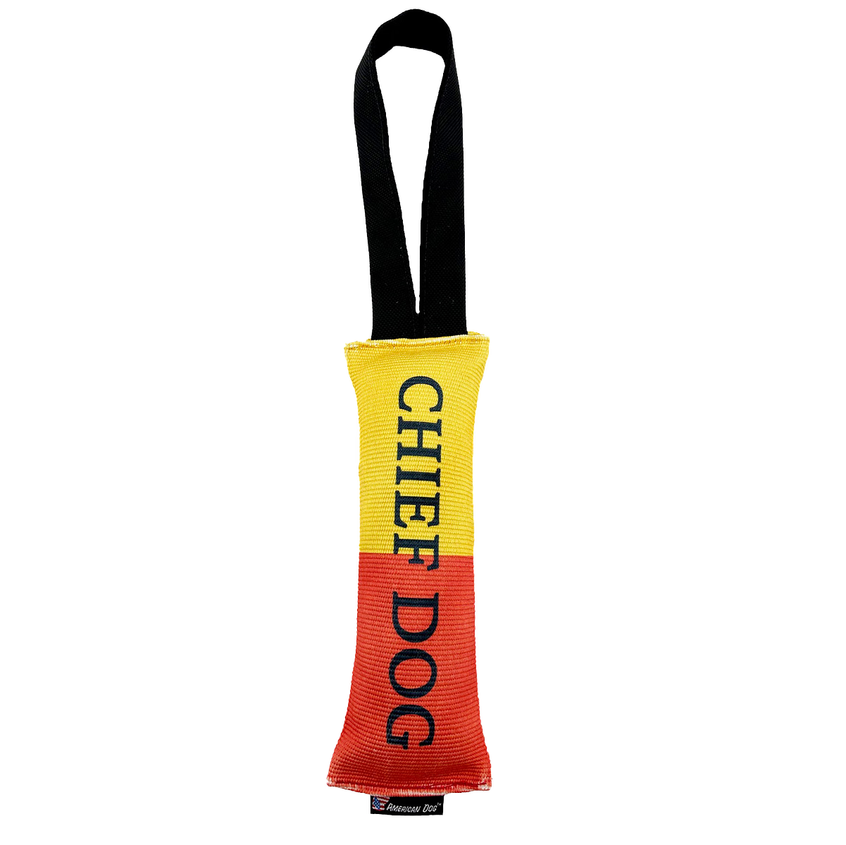 Dog toy with 'Chief Dog' on a yellow and orange background