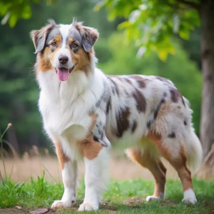 Australian Shepherd dog standing on green grass – intelligent, energetic herding breed with a colorful coat and alert expression