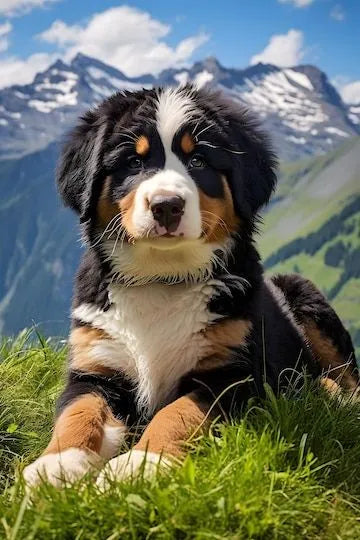 Bernese mountain dog puppy in green mountain meadow