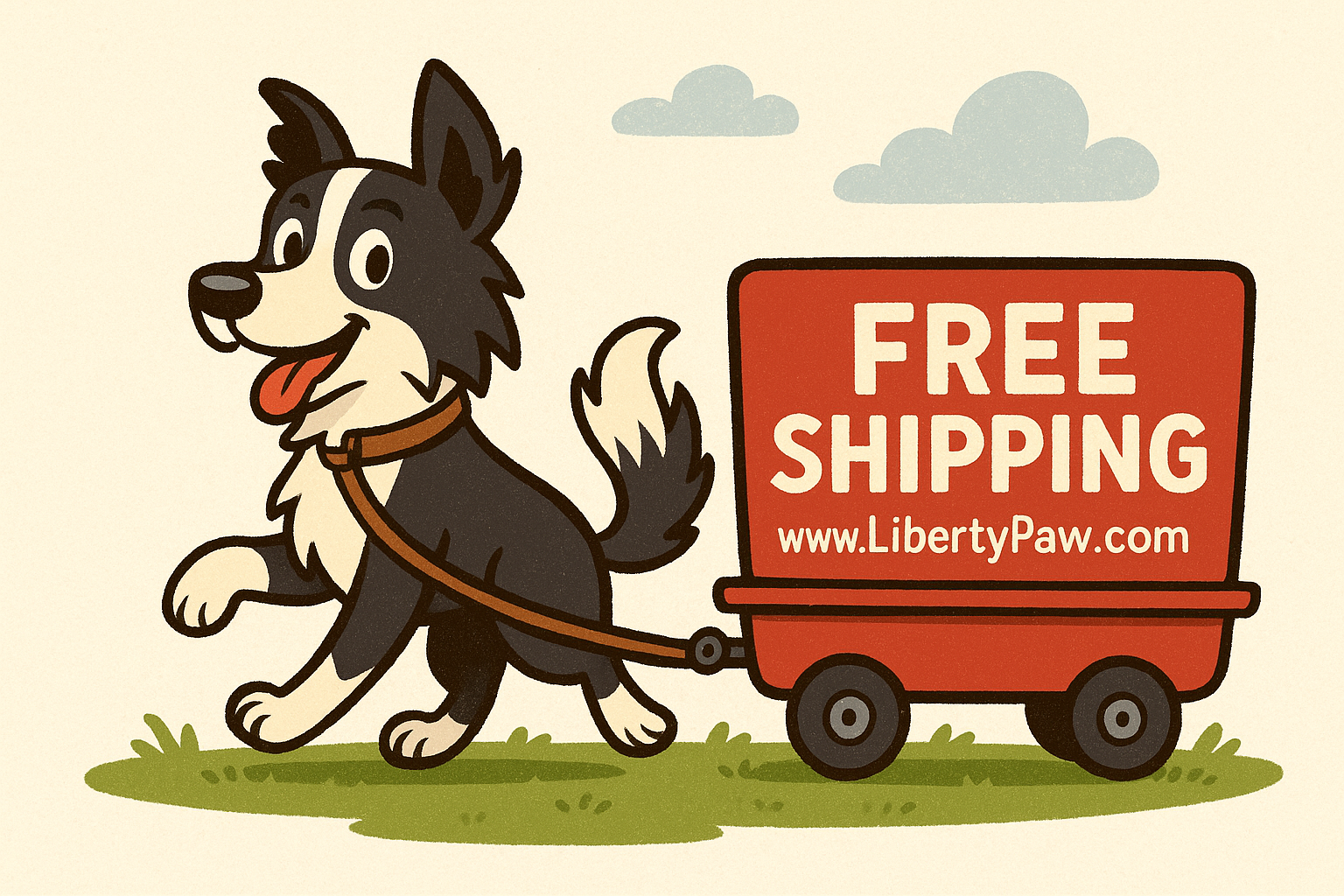 Cartoon Border Collie pulling red wagon with text Free Shipping