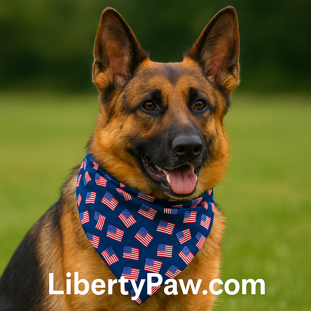 German Shepherd with LibertyPaw American Flag Bandana