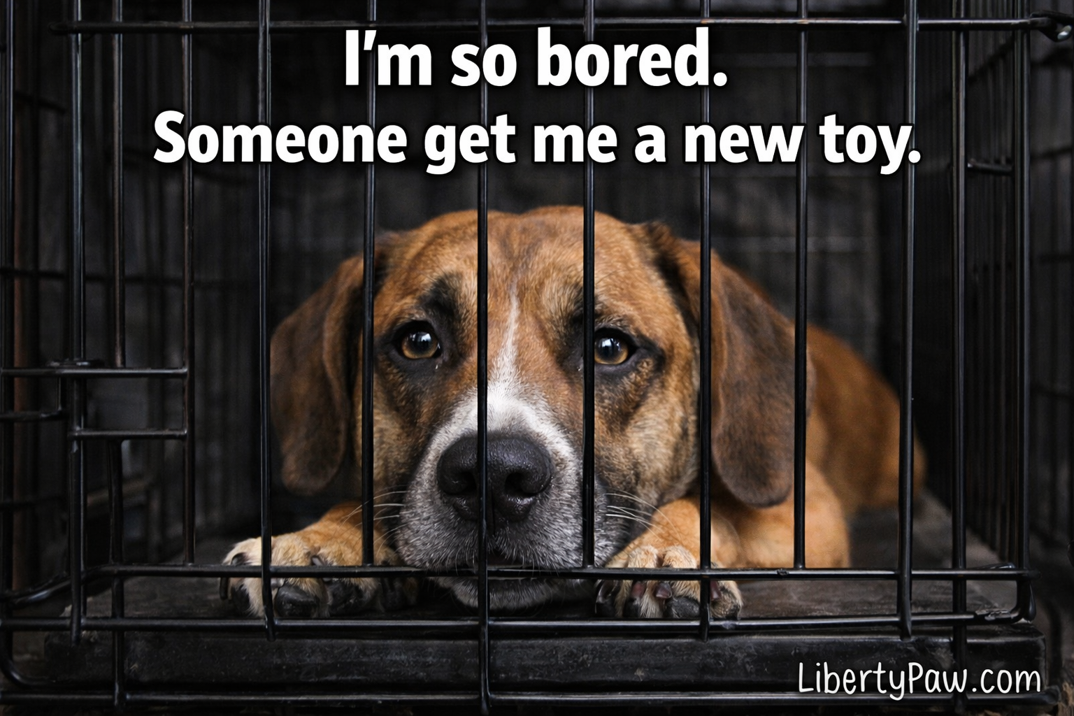 Bored dog in dog crate