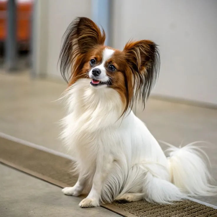 brown-papillon-dog-standing-on-rug