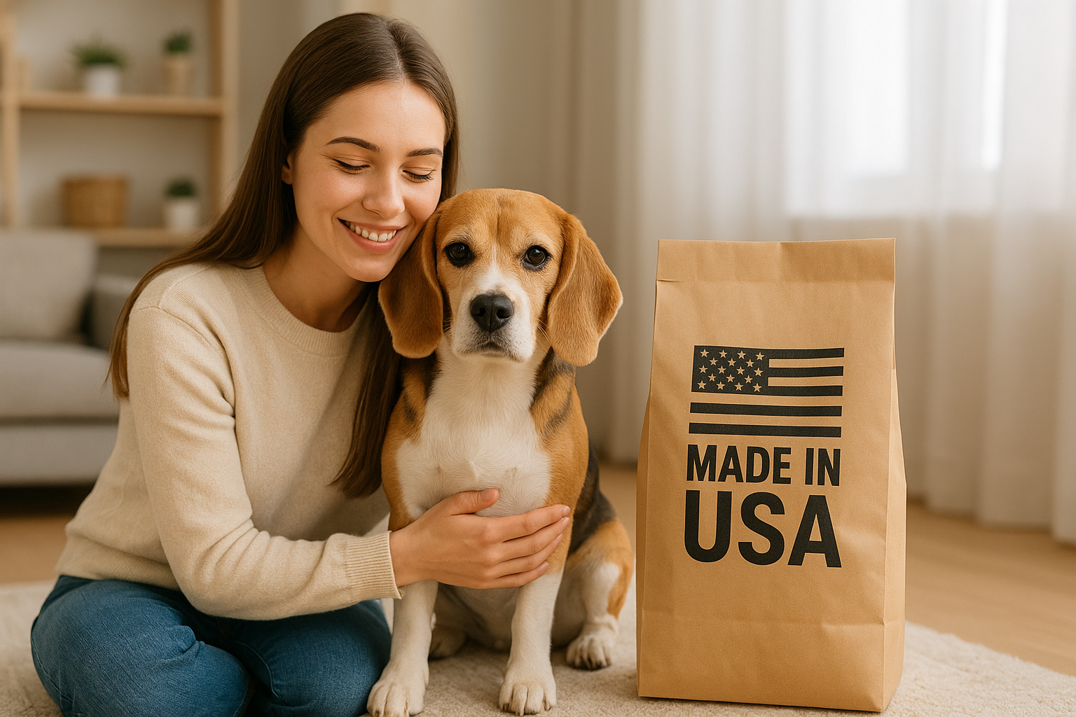 Woman with Beagle next to bag that says Made in USA
