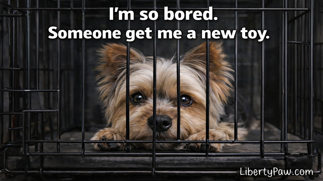 Yorkie in crate looking bored