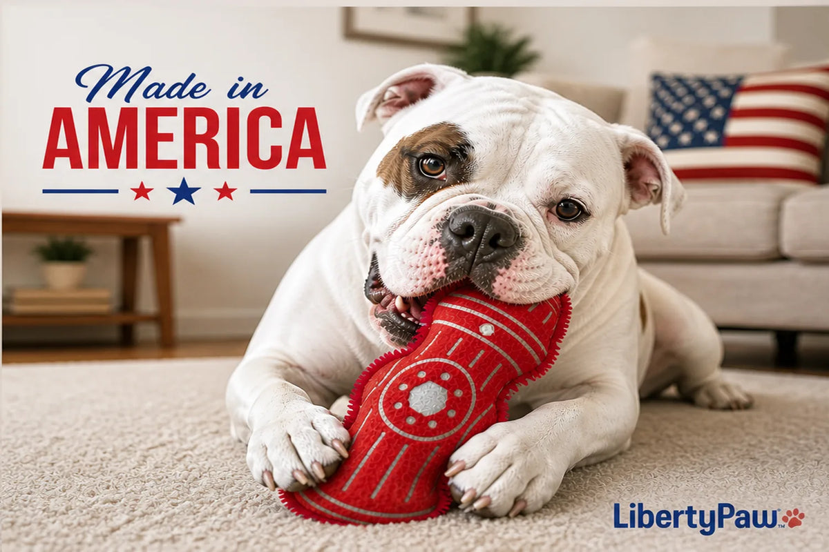 American Bulldog chewing a red plush fire hydrant crinkle dog toy on carpet