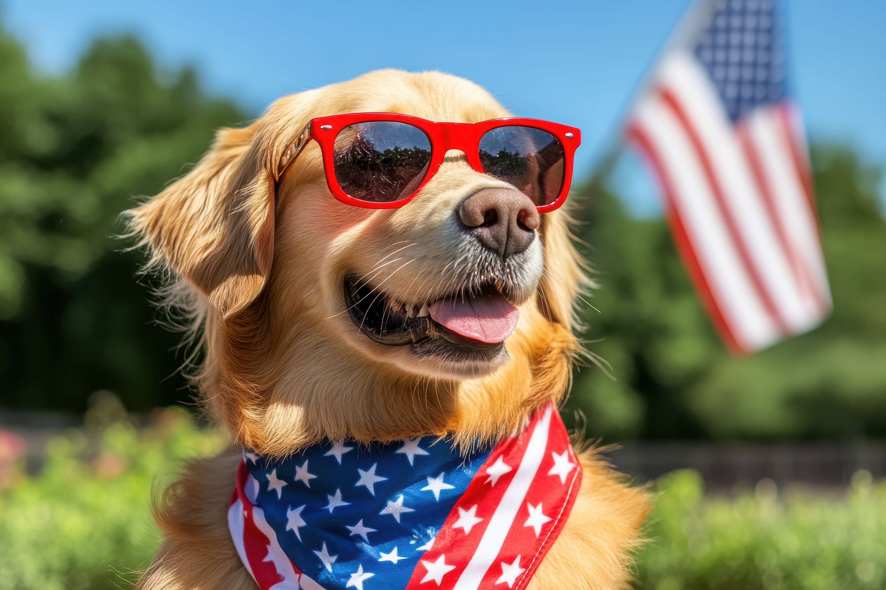 Dog in sunglasses with American flag bandana