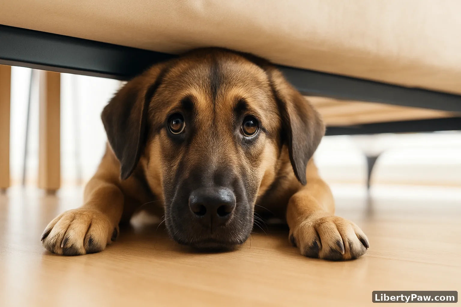 Frightened dog hiding under a bed during a thunderstorm — sign of noise anxiety in dogs, before LibertyPaw Canine Calm