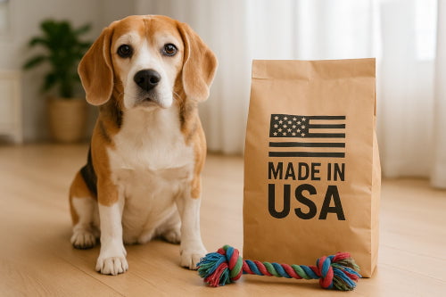 Dog sitting next to Made in USA bag