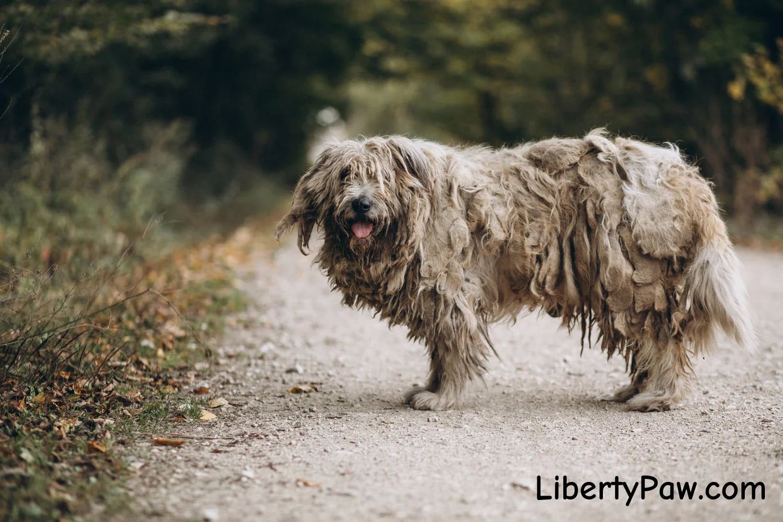 Senior dog walking in the park — stop the shedding struggle with a rotating rake
