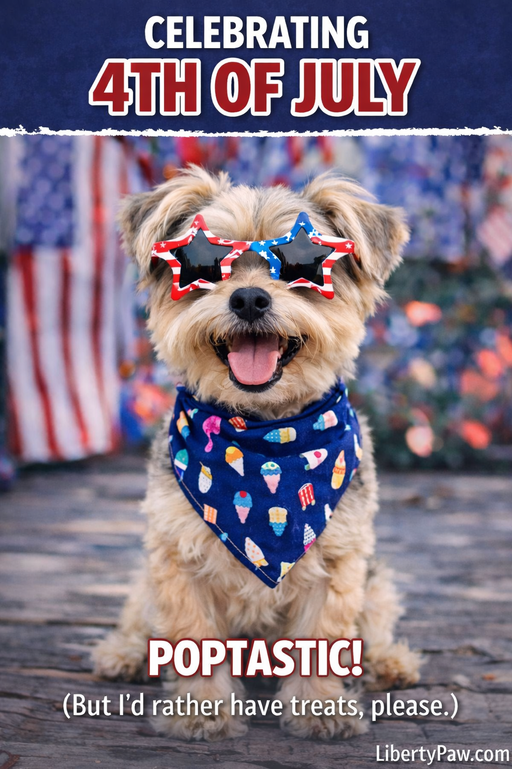 Yorkie wearing patriotic star sunglasses and an ice cream bandana — Celebrating 4th of July with LibertyPaw