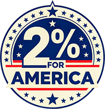 Circular logo with '2% for America' text, stars, and stripes in red, white, and blue.