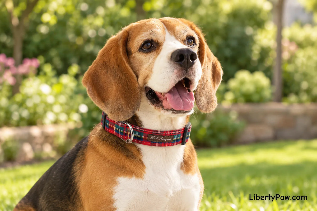 Beagle wearing Trish Hampton Red Tartan Plaid Dog Collar