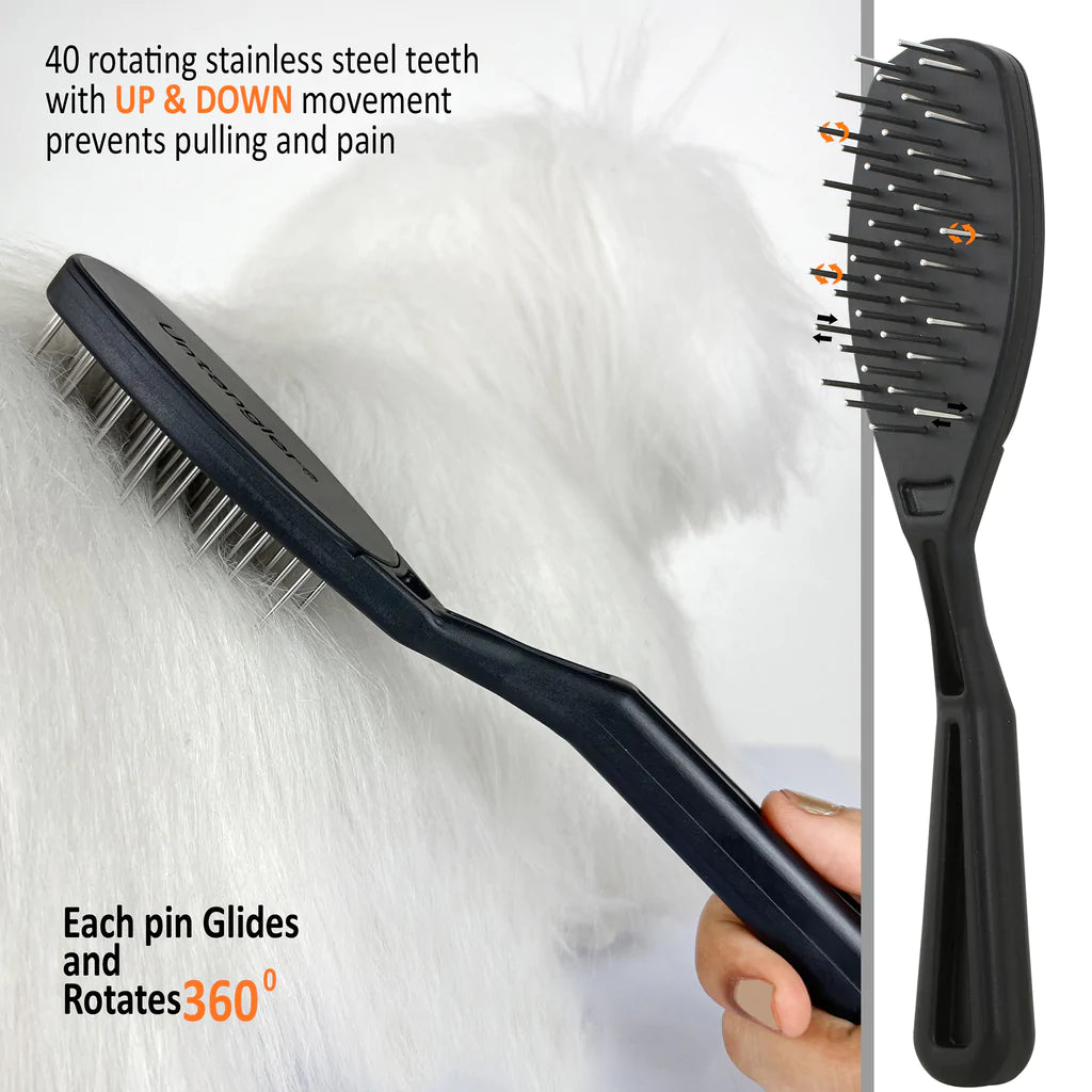 Showing 40 rotating steel teeth on Professional Pet Brush
