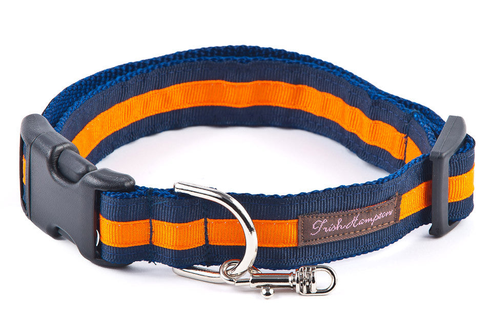 Navy/Bright Orange Stripe Dog Collar  - 305