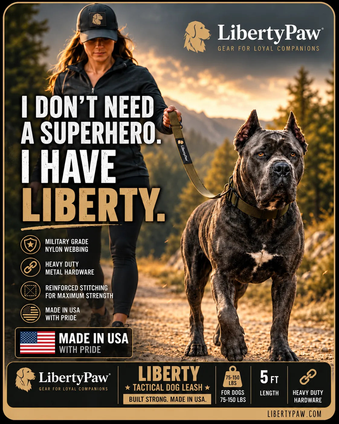 Woman walking a Cane Corso on a LibertyPaw Liberty Tactical Leash on a mountain trail