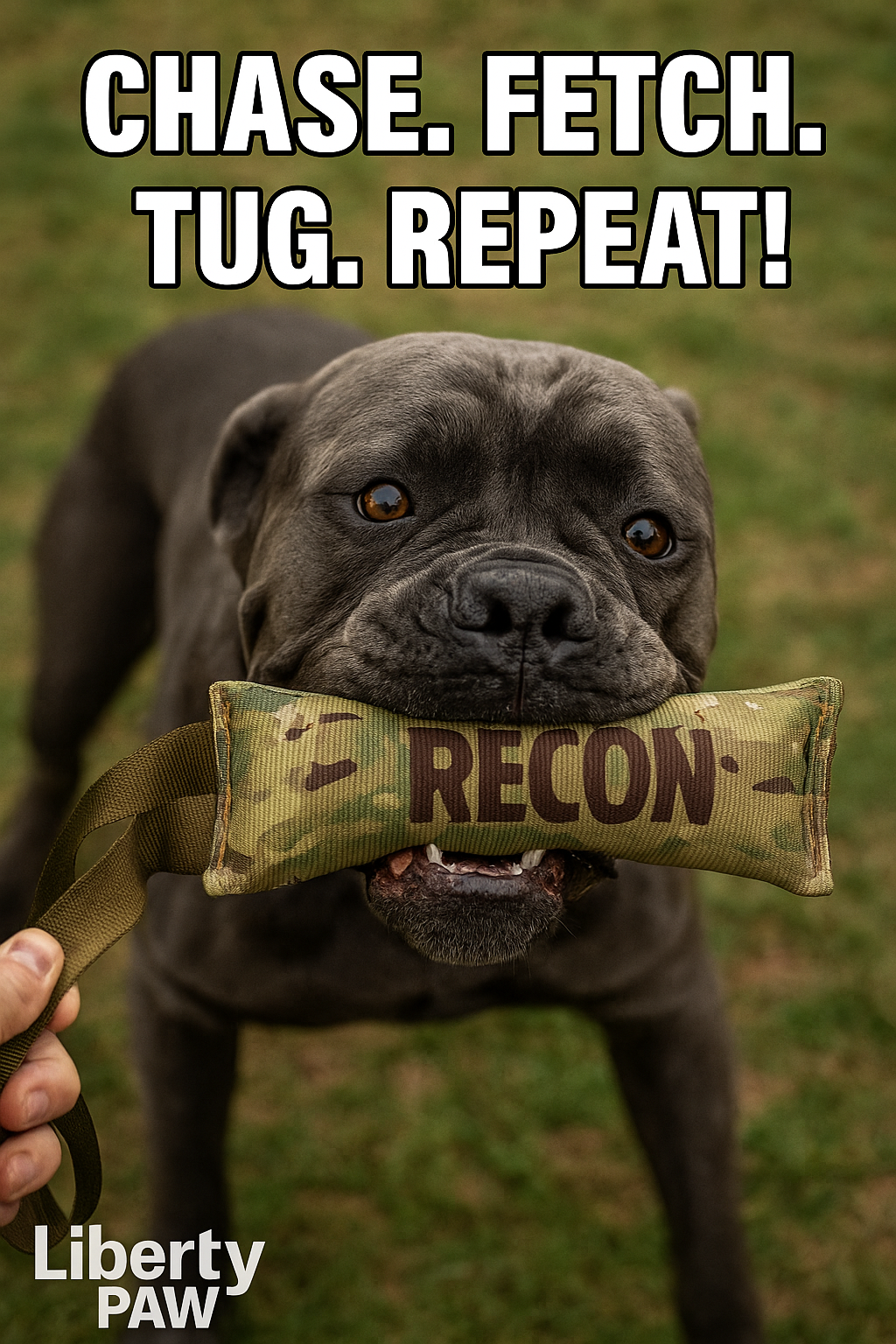 Cane Corso dog holding a toy with 'RECON' on it, with text 'CHASE. FETCH. TUG. REPEAT!' above.