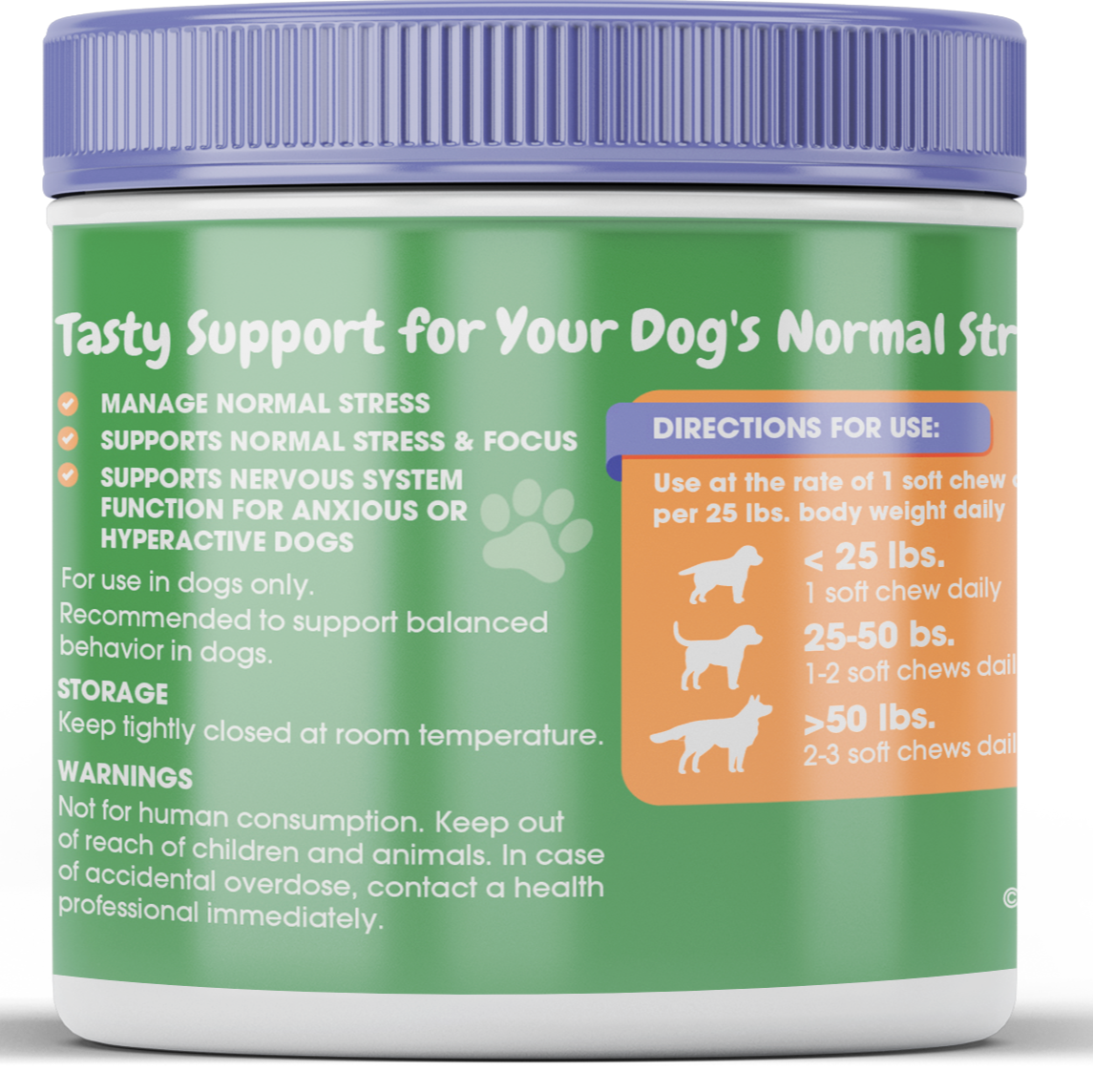 Pet supplement container with green label on a white background