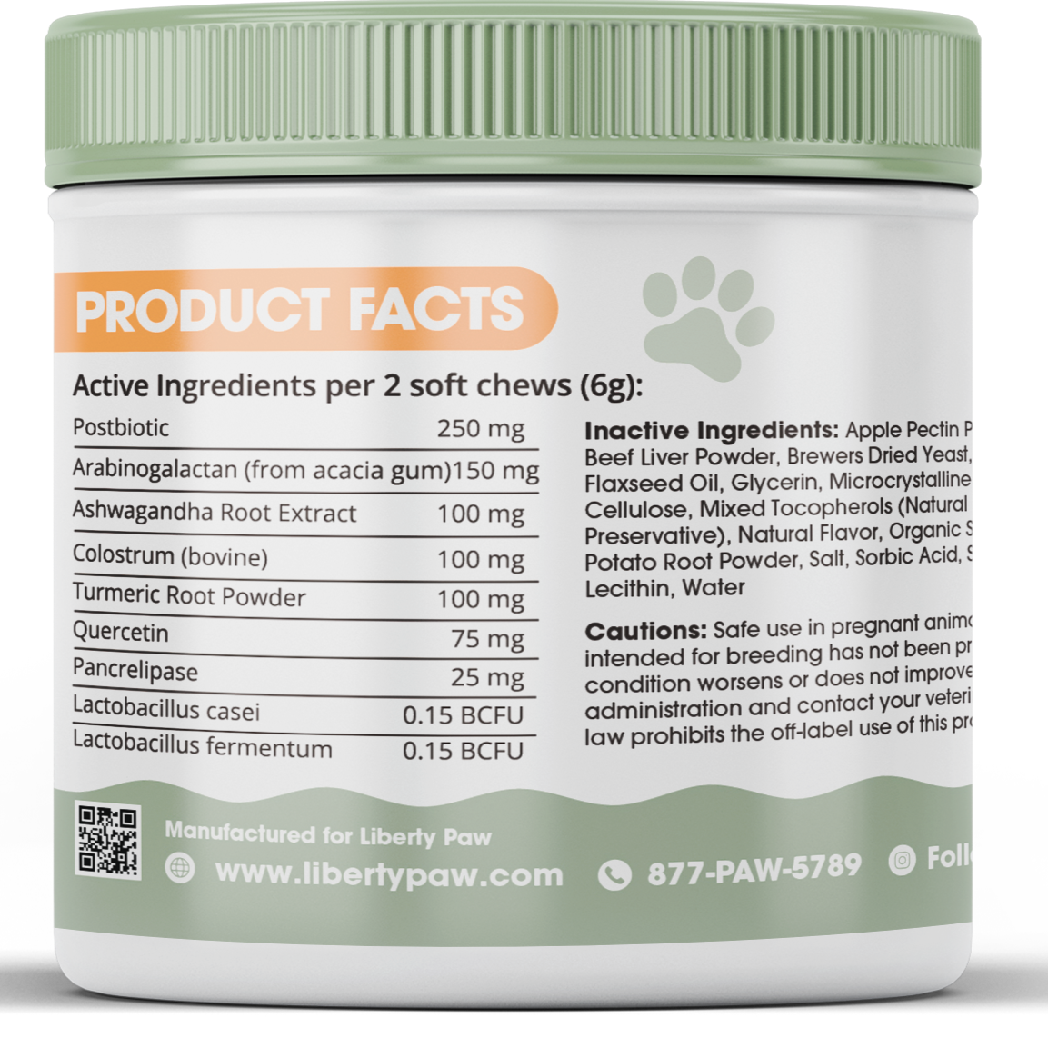 Pet supplement container with product facts label on a white background