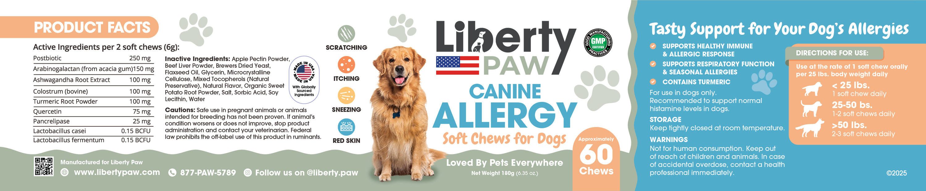Liberty Paw canine allergy support product label with a dog and text on an orange and blue background.