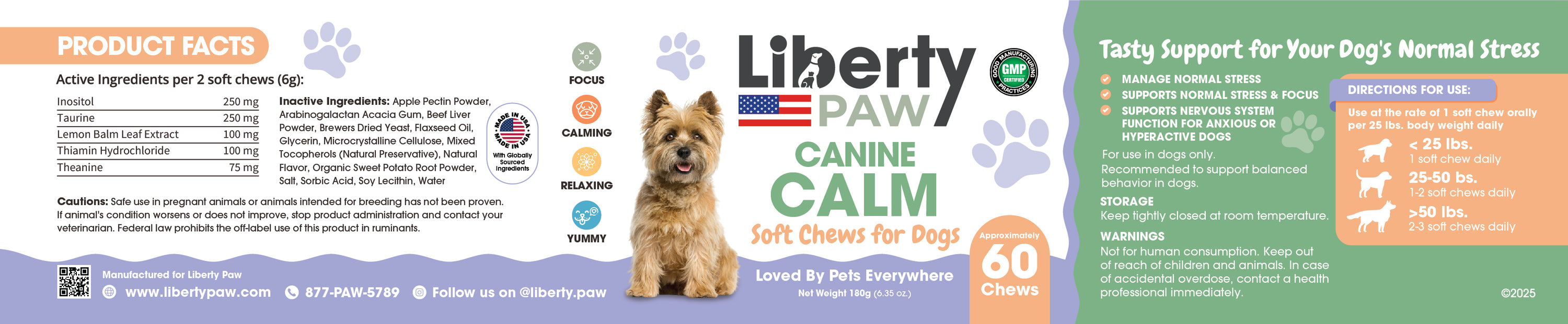 Liberty Paw Canine Calm product label with a dog illustration and text on an orange and blue background.
