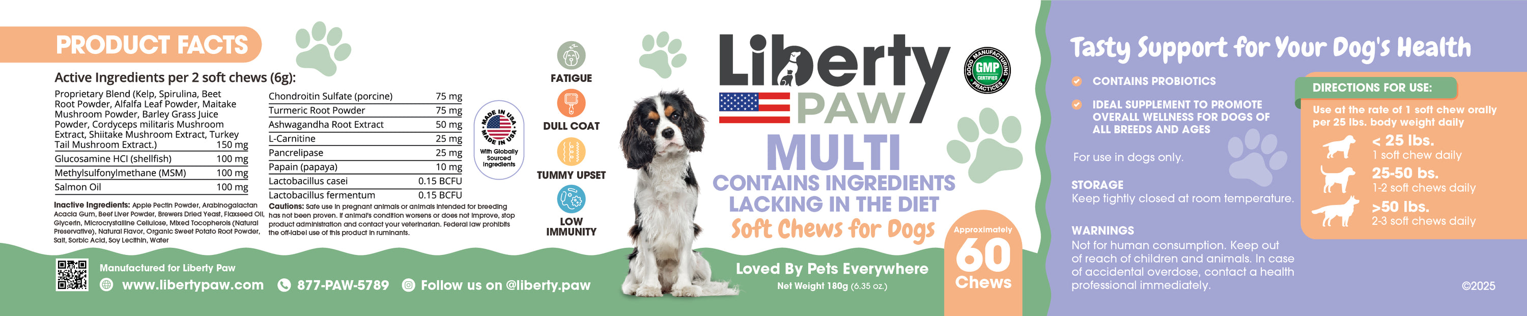 Liberty Paw Multi supplement label with dog illustration and product details.