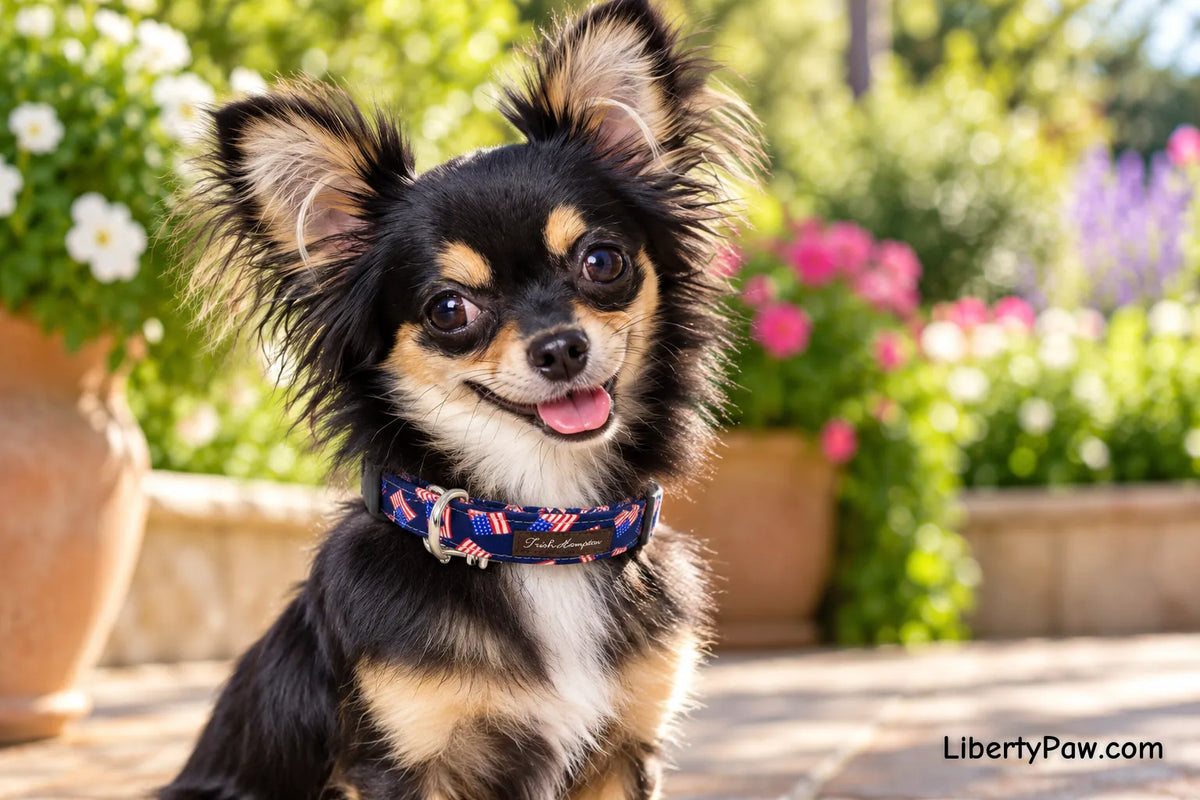 Chihuahua wearing Trish Hampton American Flag Dog Collar