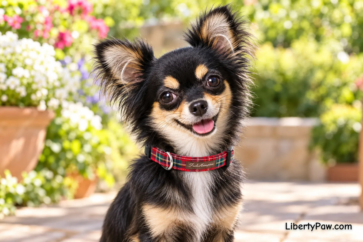 Chihuahua wearing Trish Hampton Red Tartan Plaid Dog Collar
