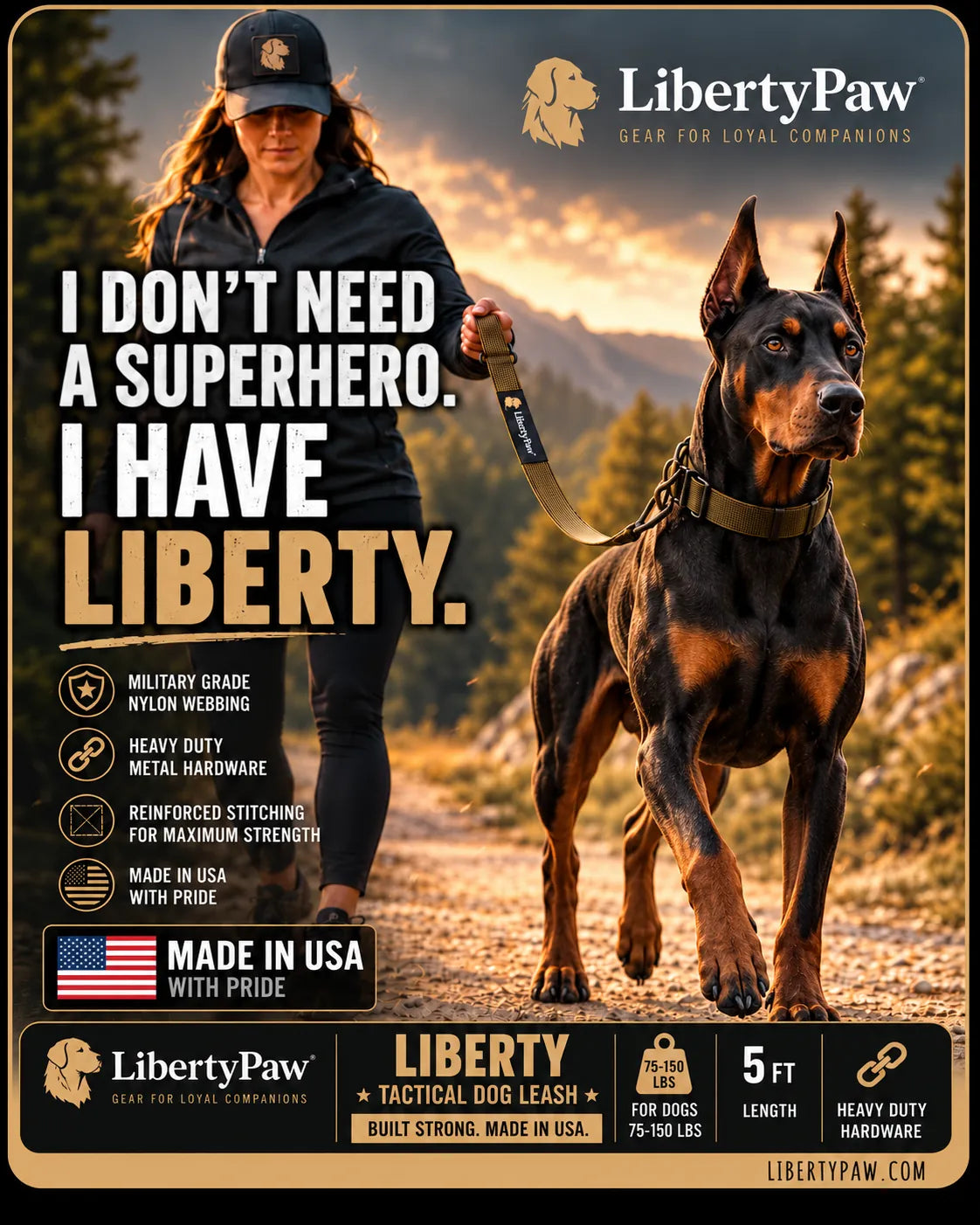 Woman walking a Doberman on a LibertyPaw Liberty Tactical Leash on a mountain trail