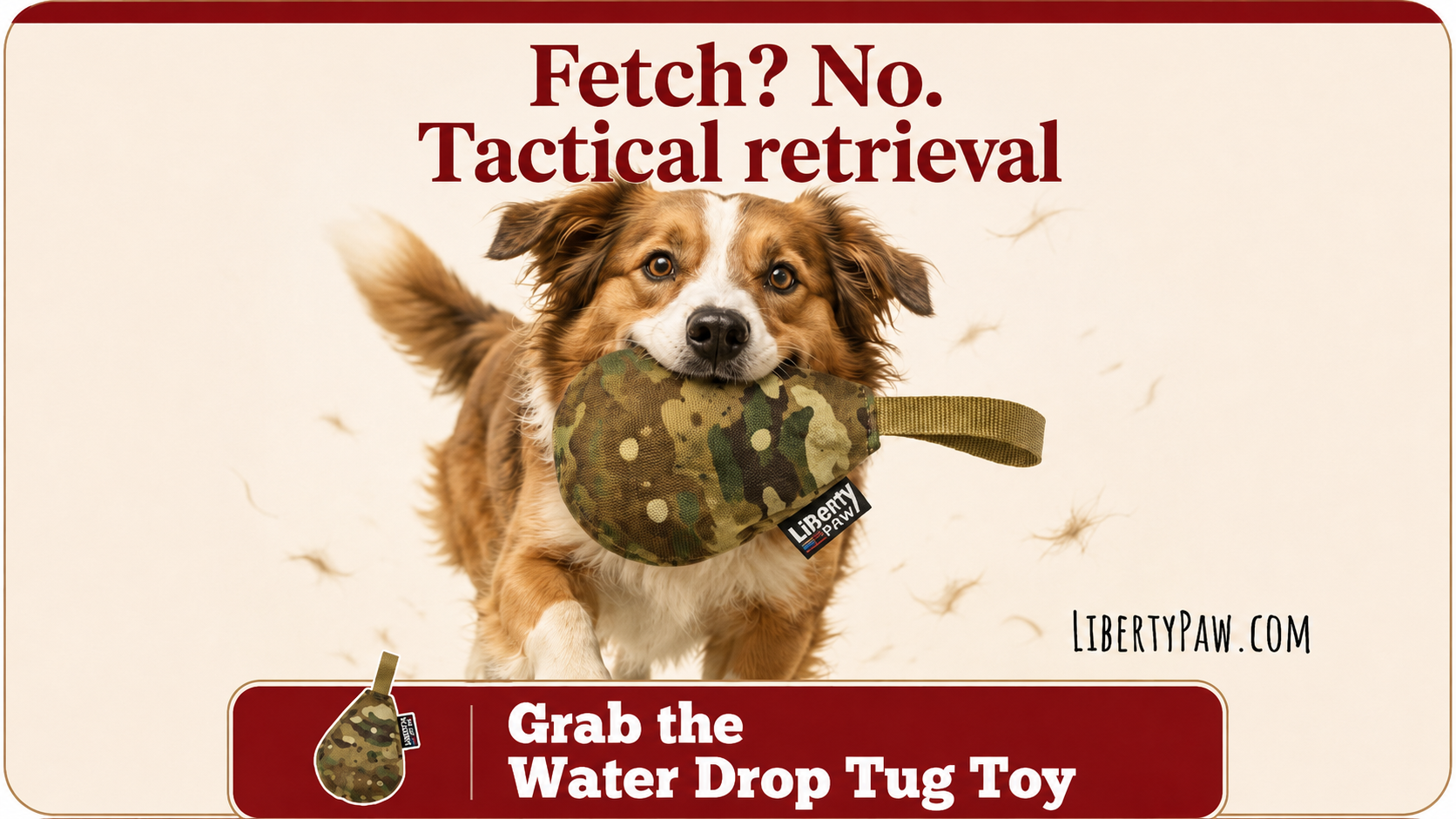 Dog holding a water drop tug toy with text about tactical retrieval and a Liberty Paw logo.