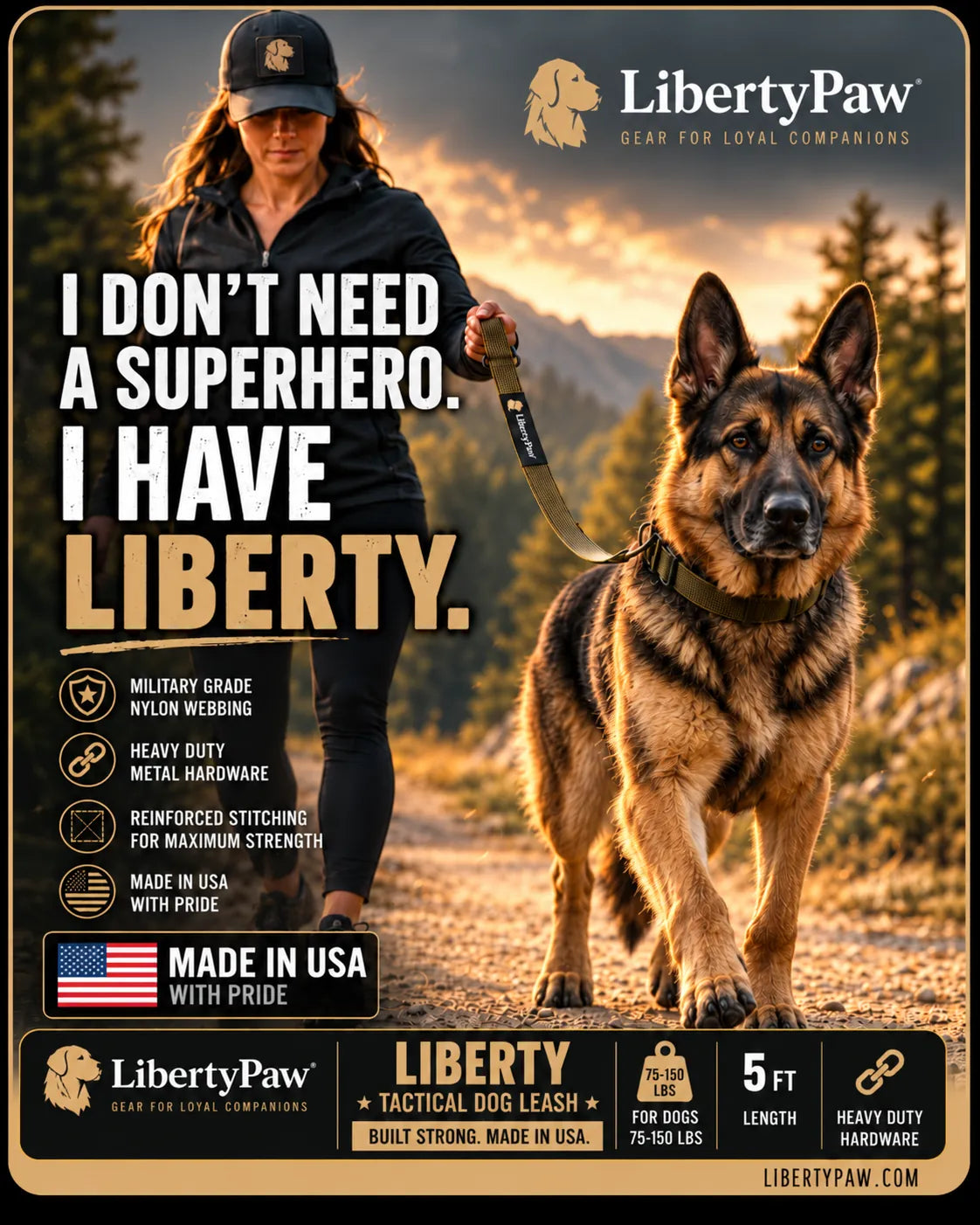 Woman walking a German Shepherd on a LibertyPaw Liberty Tactical Leash on a mountain trail