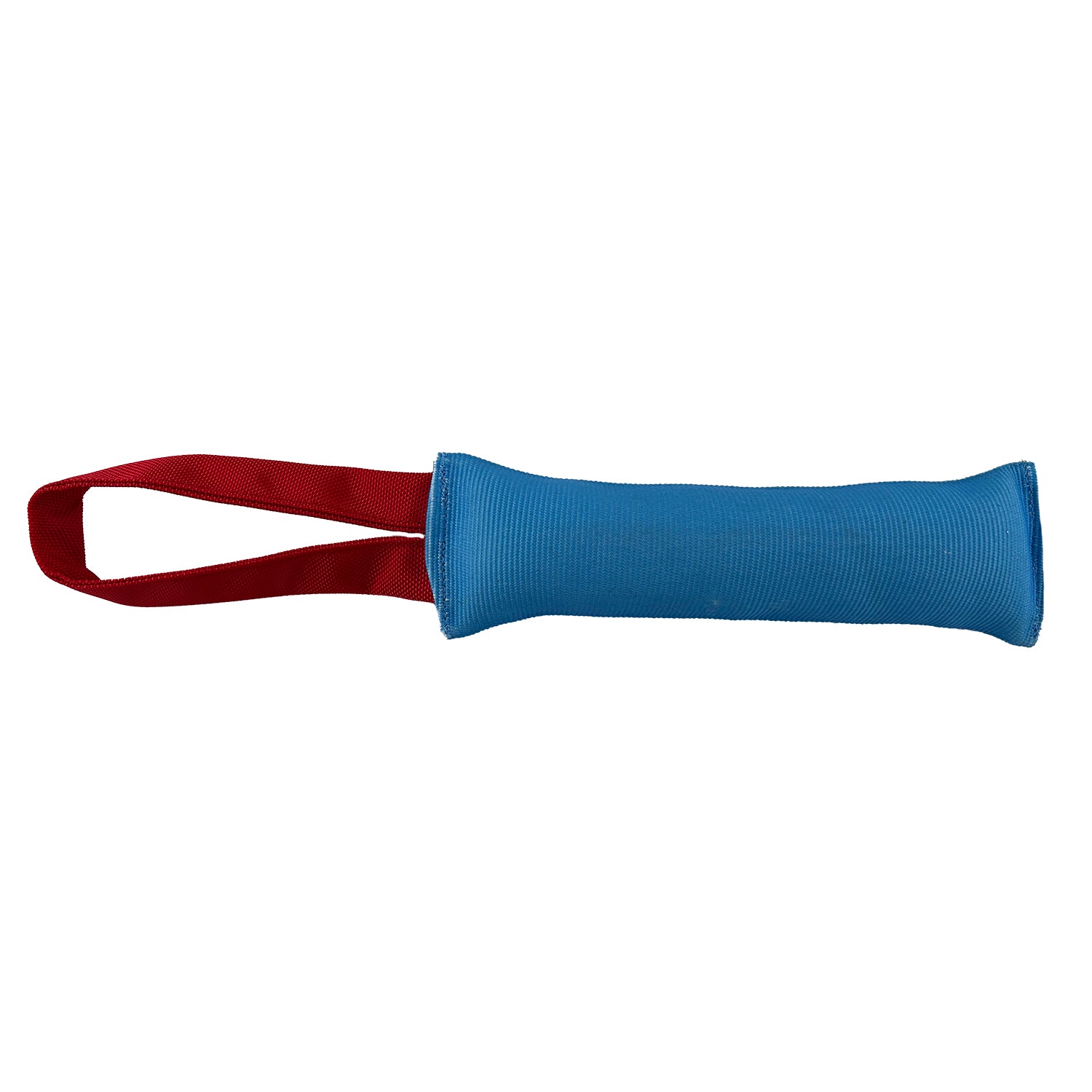 Blue dog toy with a red handle on a white background