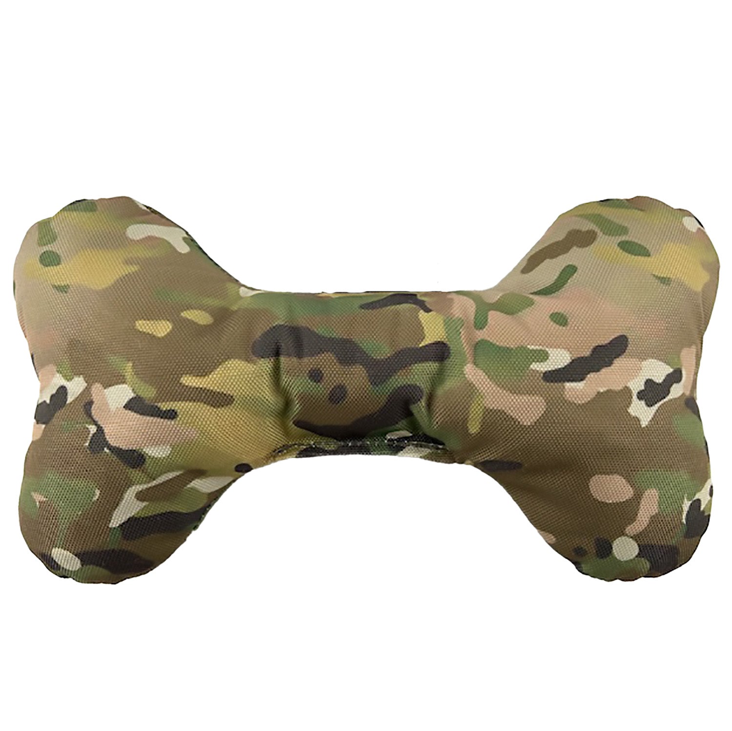 Camouflage bone-shaped dog toy on a white background