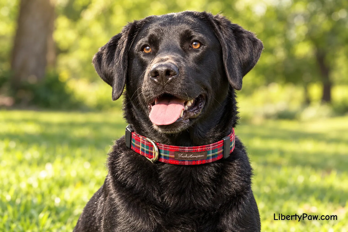 Labrador Retriever wearing Trish Hampton Red Tartan Plaid Dog Collar