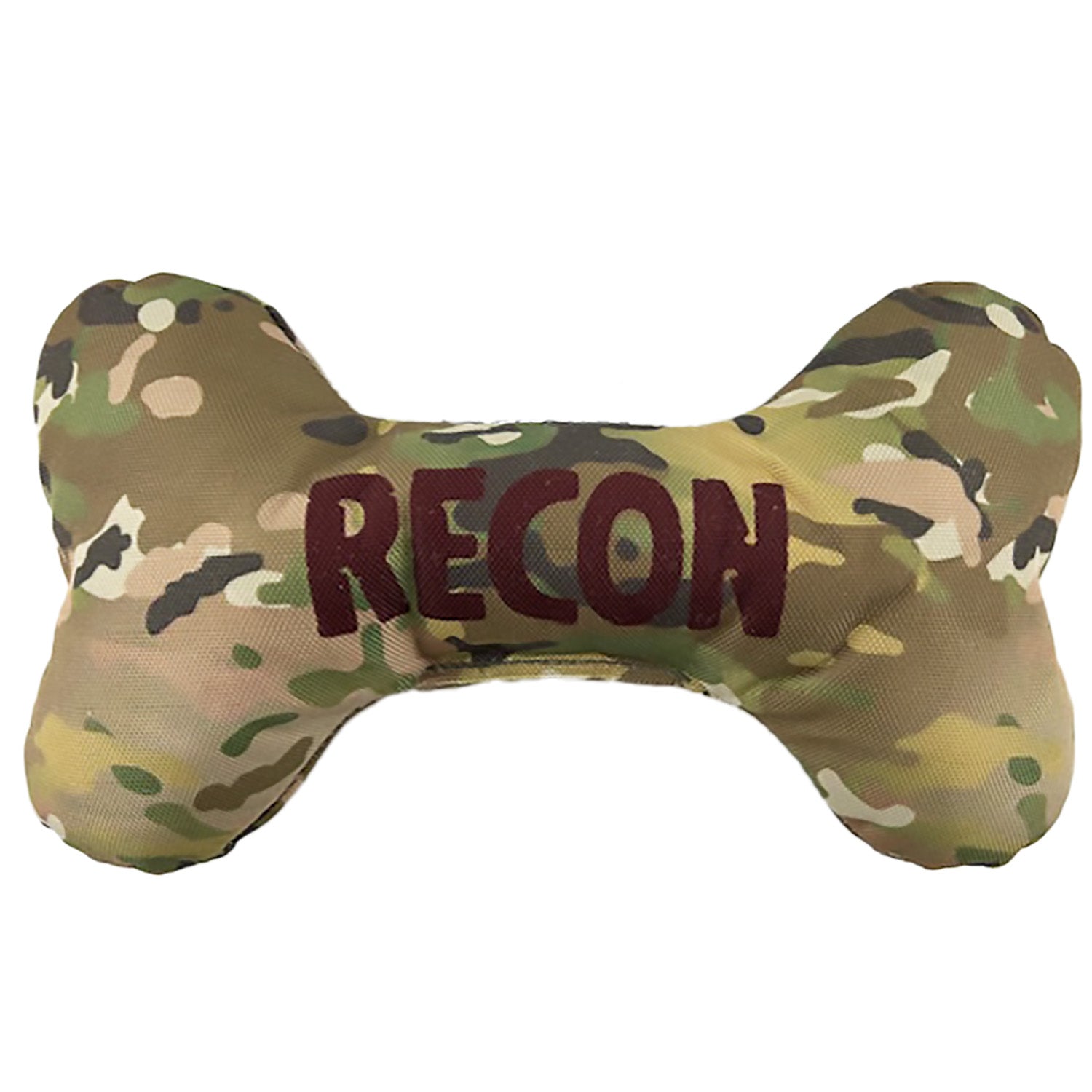 Camouflage bone-shaped dog toy with 'RECON' text