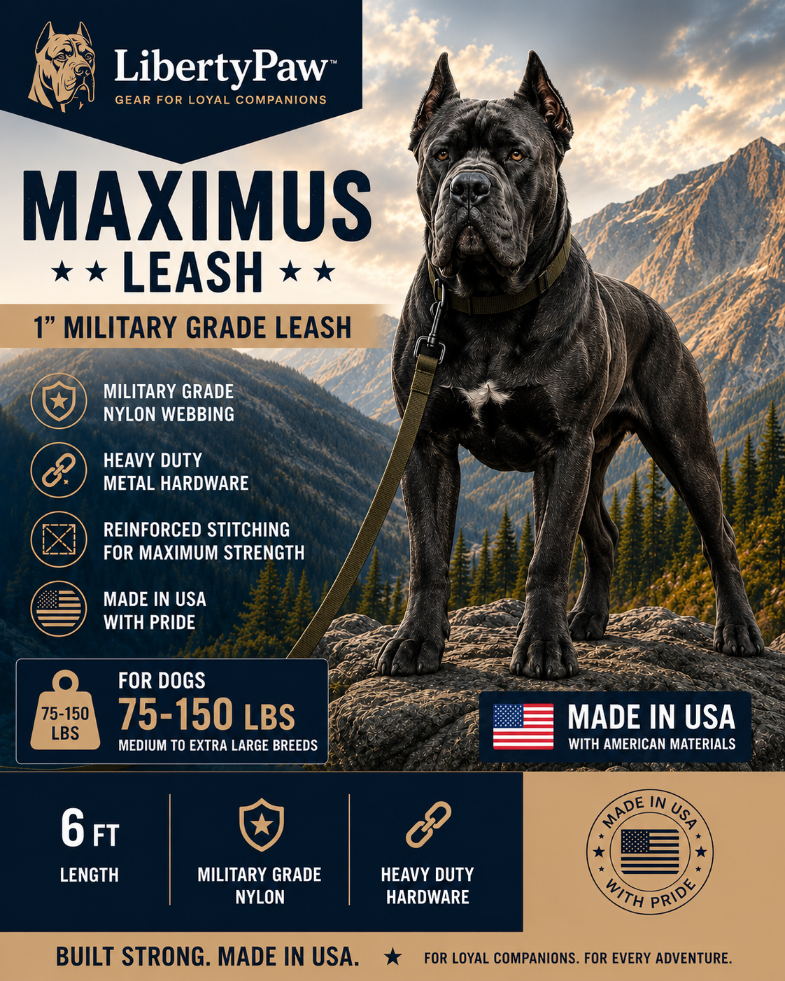Liberty Paw Maximus leash packaging with a dog on a mountain background