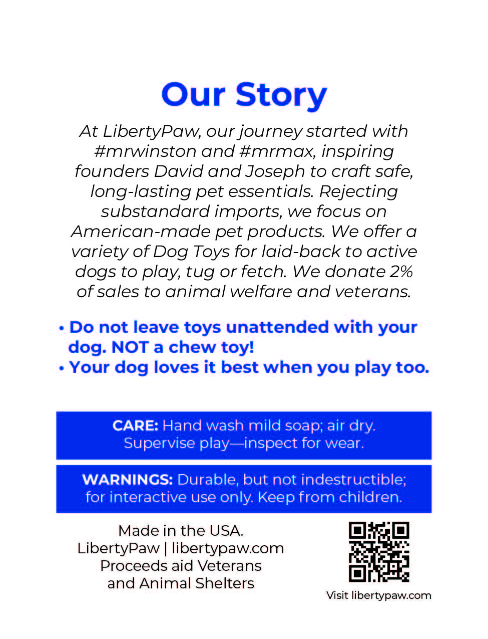 LibertyPaw product description card with text and QR code on a white background