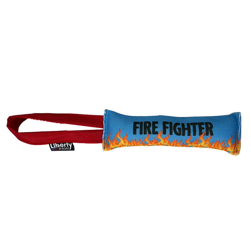 Dog tug toy with 'Fire Fighter' text and flame design on a blue background, featuring the Liberty Paw brand.