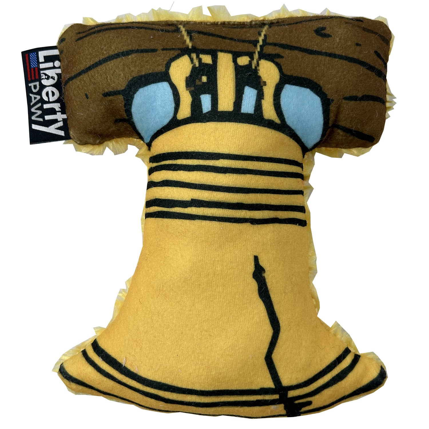 Pet toy resembling a Liberty Bell with a Liberty Paw tag on a white background