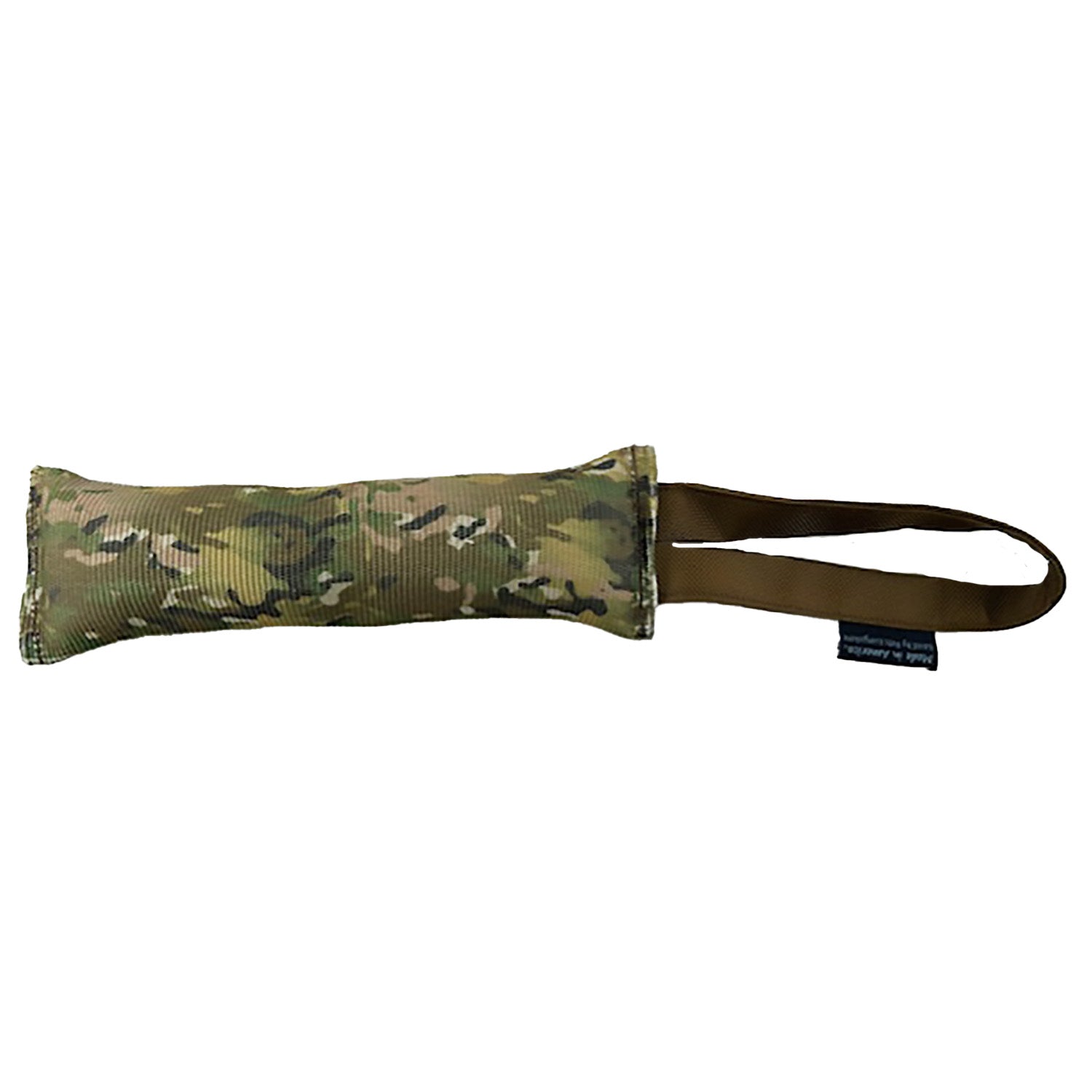Camouflage-patterned dog toy with a handle on a white background