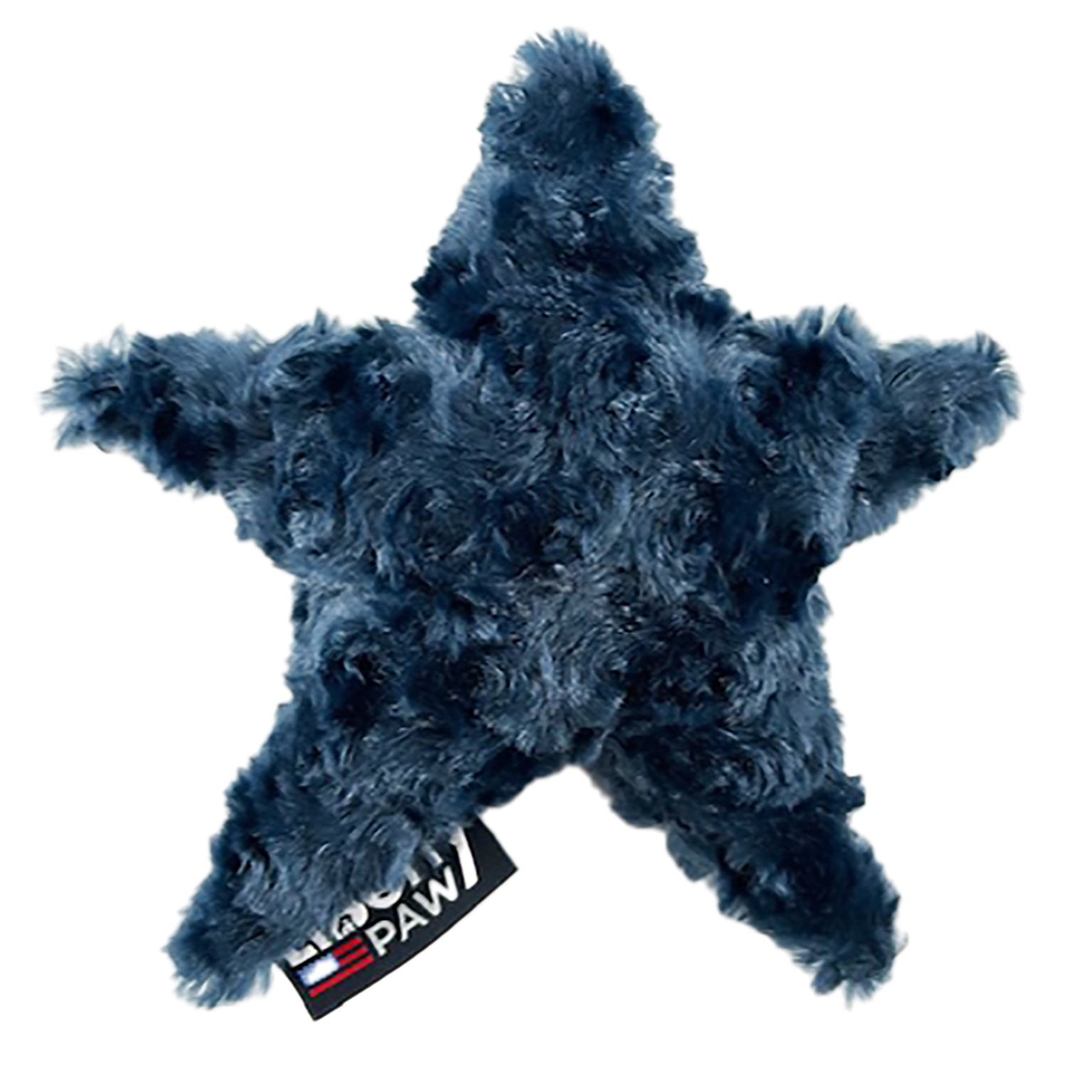 Blue plush pet toy shaped like a star with a brand tag on a white background