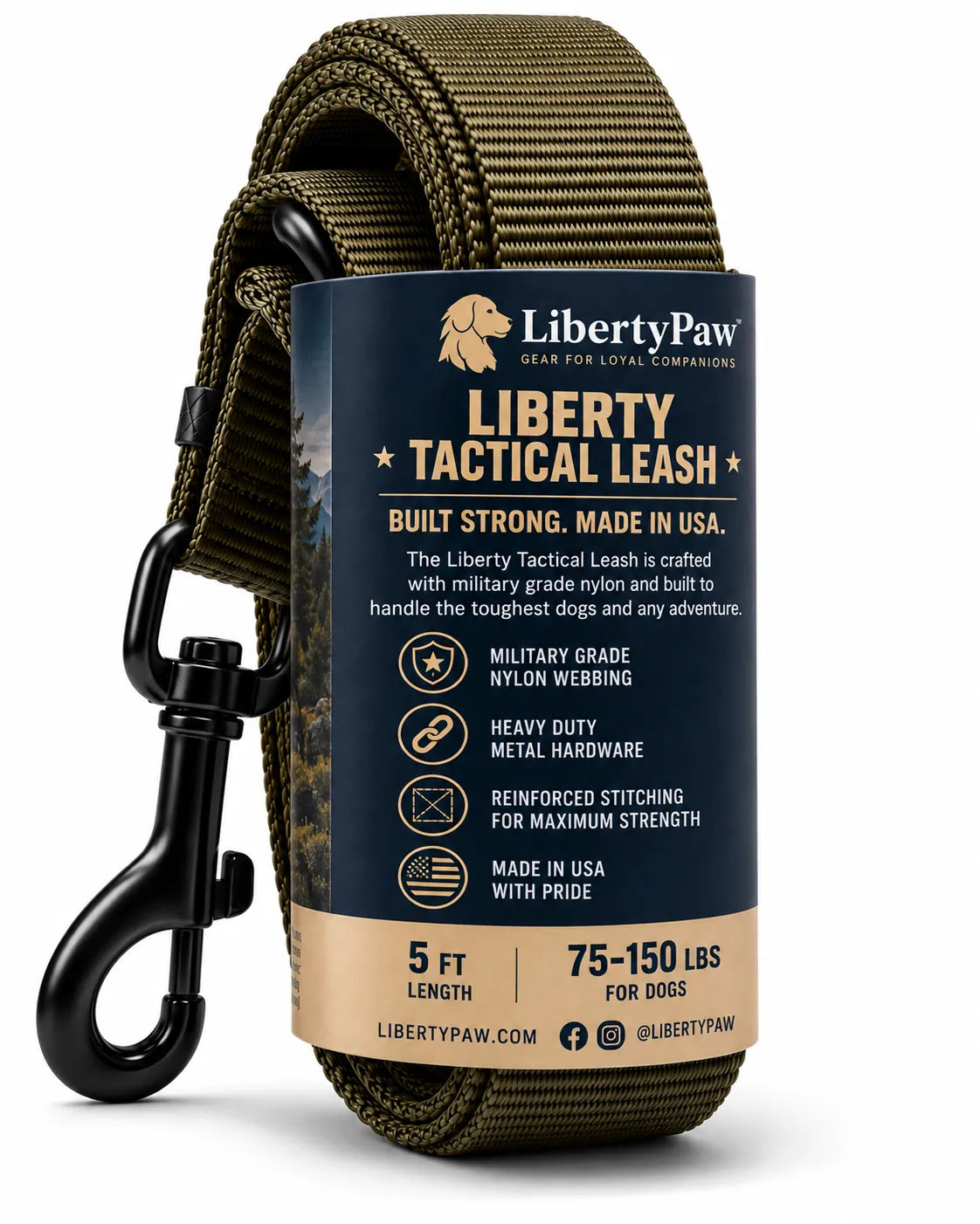 LibertyPaw Liberty Tactical Leash packaging back - built strong, Made in USA, 5 ft length, for dogs 75-150 lbs