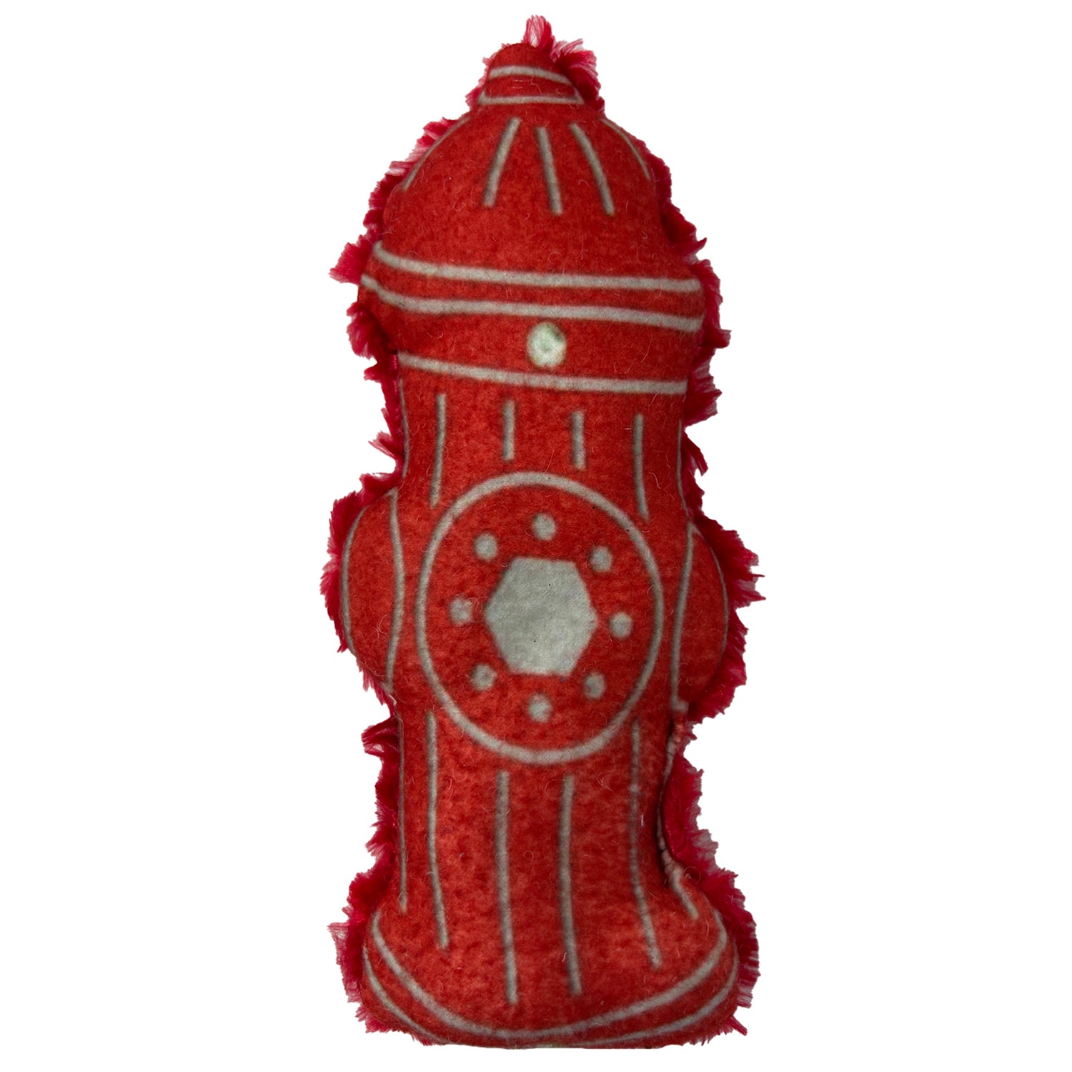 Red plush pet toy resembling a fire hydrant on a white background