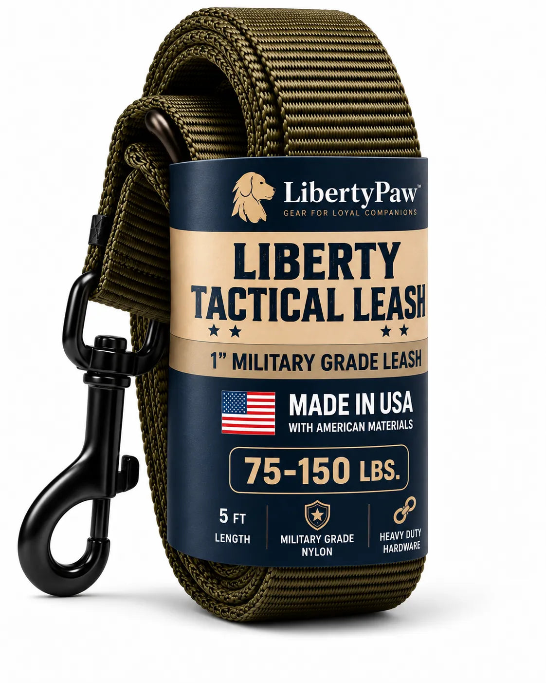 LibertyPaw Liberty Tactical Leash packaging - 1 inch military-grade nylon, 5 ft length, for dogs 75-150 lbs, Made in USA