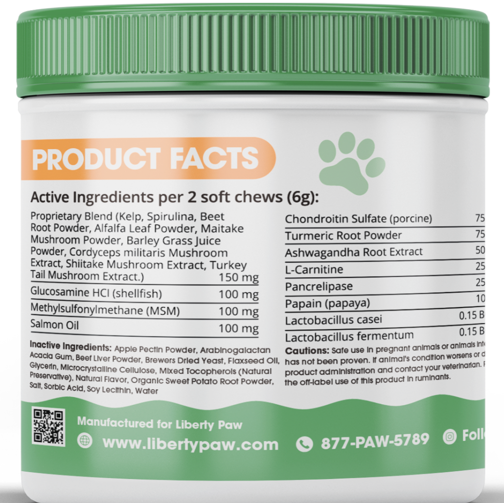 Liberty Paw Green container with product facts label