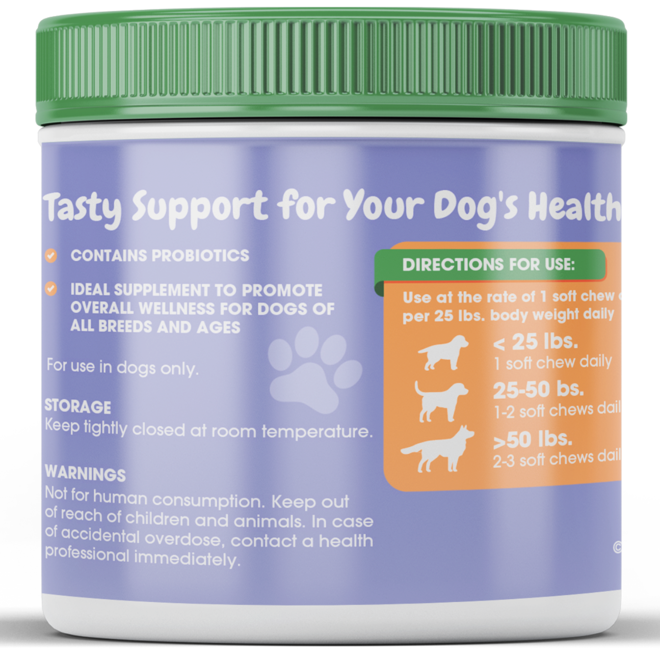 Pet supplement container with green lid and purple label