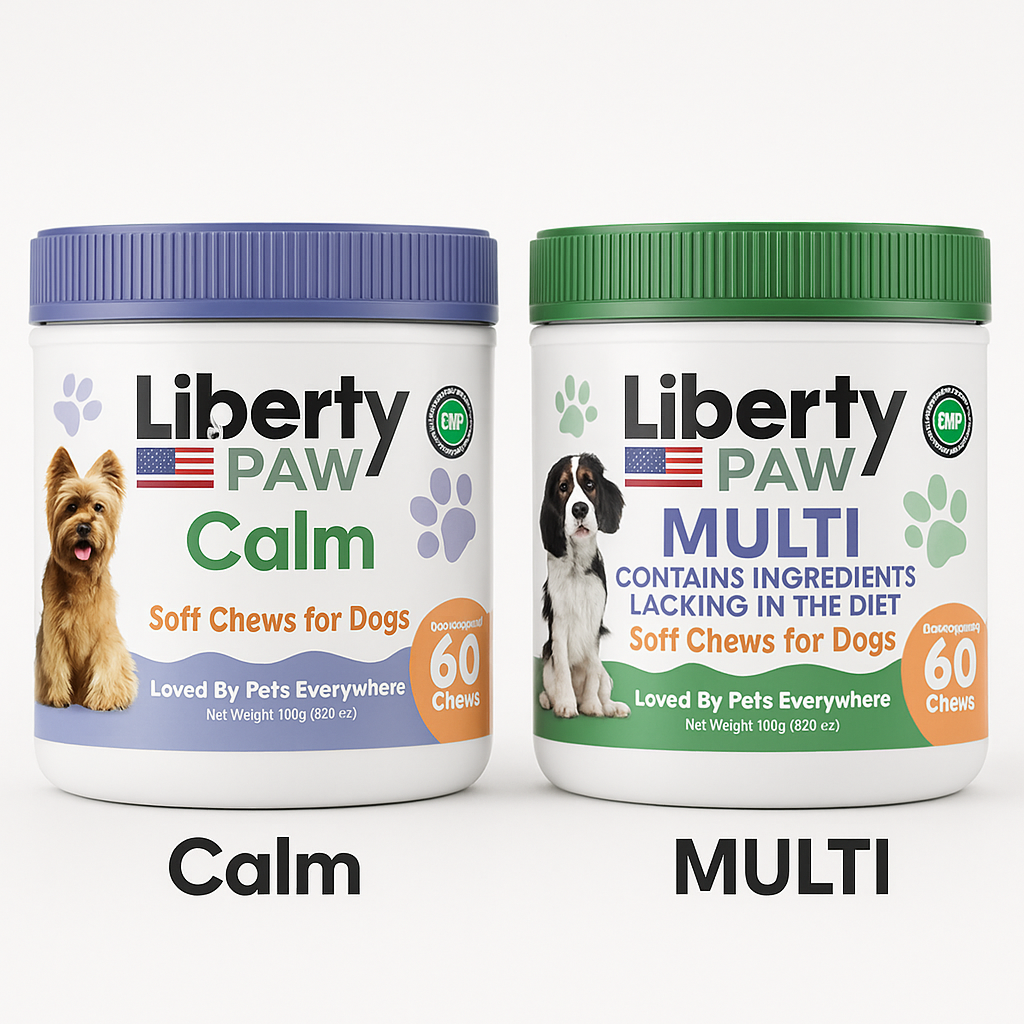 Two containers of Liberty Paw soft chews for dogs on a white background