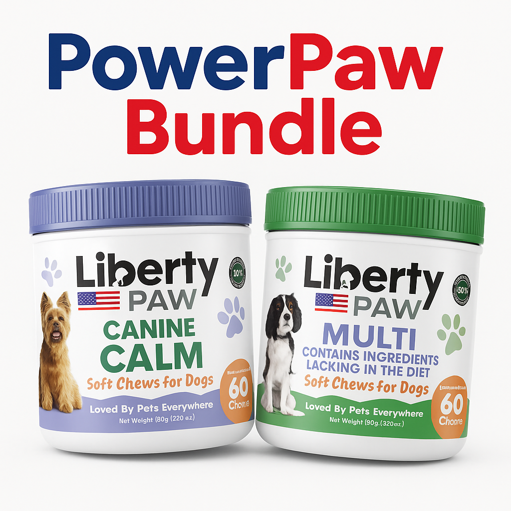 Two Liberty Paw dog supplement jars with 'PowerPaw Bundle' text on a white background