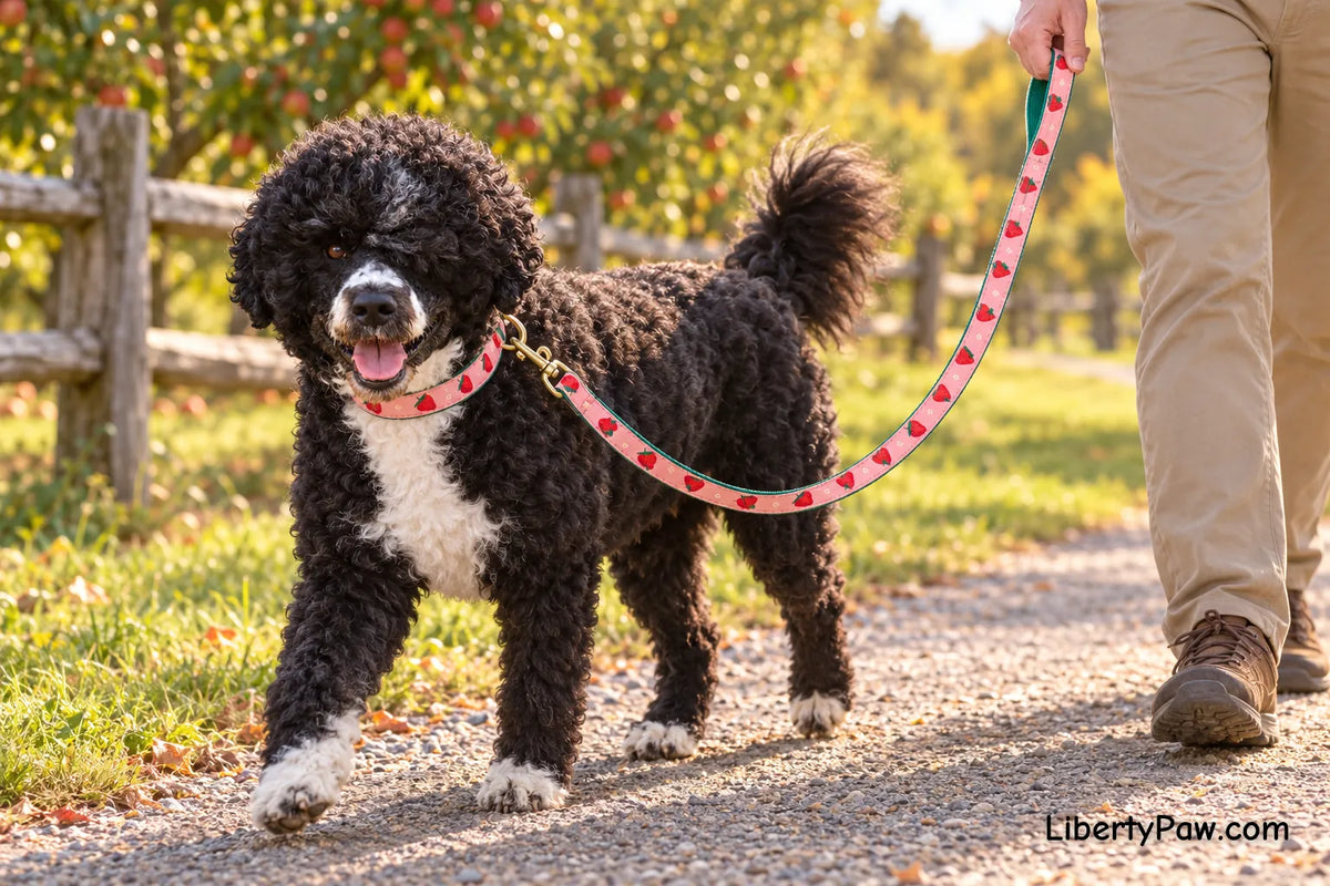Portuguese Water Dog wearing UpCountry Strawberry Fields Dog Collar and Leash
