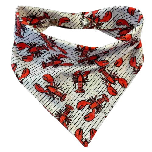 Red Lobsters Dog Bandana with nautical lobster print and adjustable snap closure